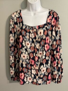 LOFT Floral Square-Neck Pullover Blouse in Navy, Pink and Cream XL